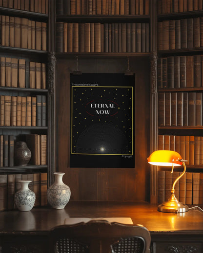Framed poster titled 'Eternal Now' on a bookshelf with a lamp and vases.