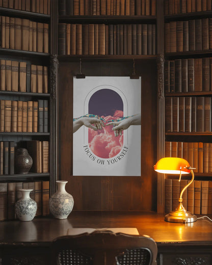 Poster with hands reaching towards each other on a bookshelf background