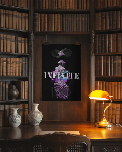 Decorative poster with a purple figure and 'INFINITE' text in a library setting.
