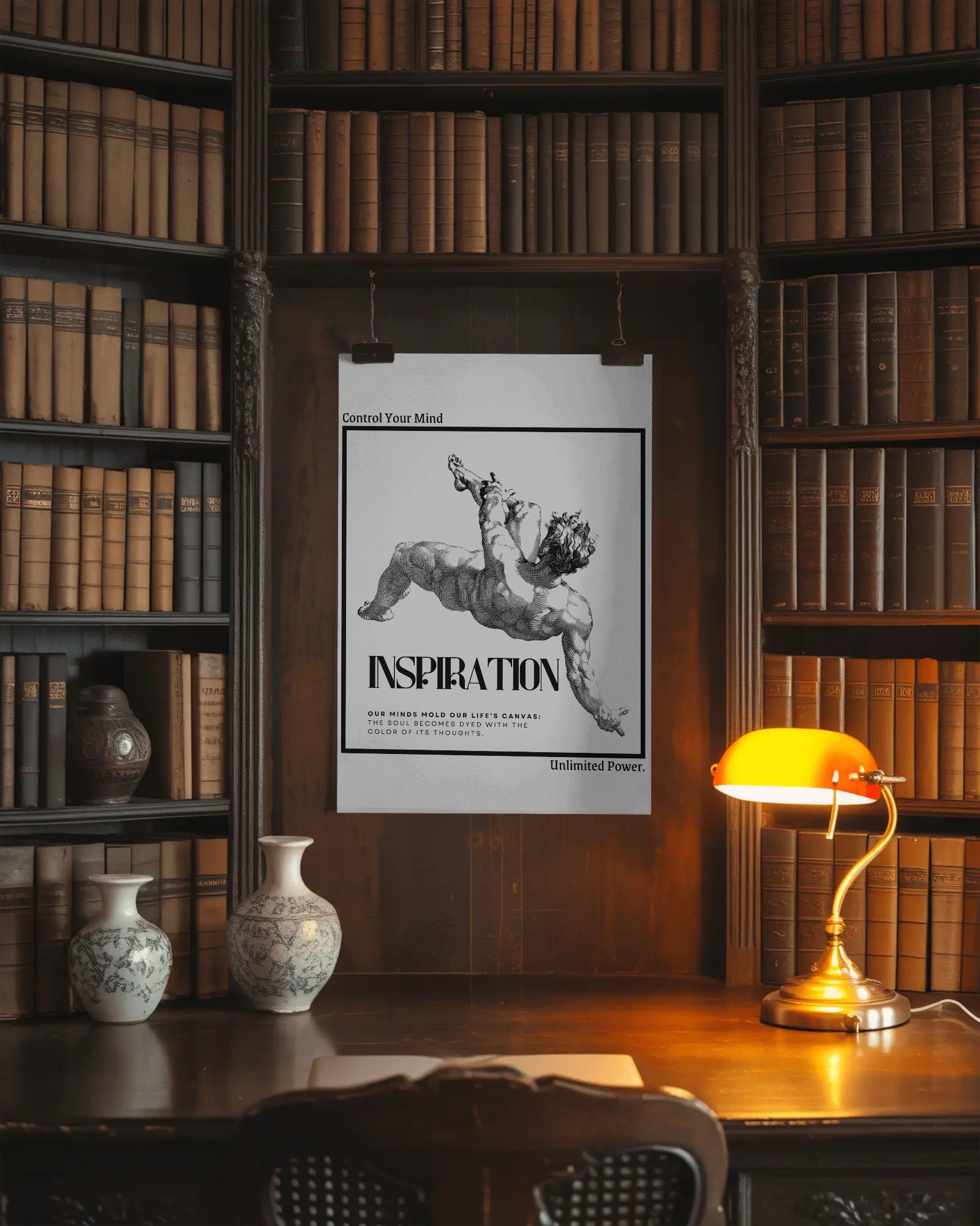 Decorative interior with bookshelf, table, lamp, and motivational poster.