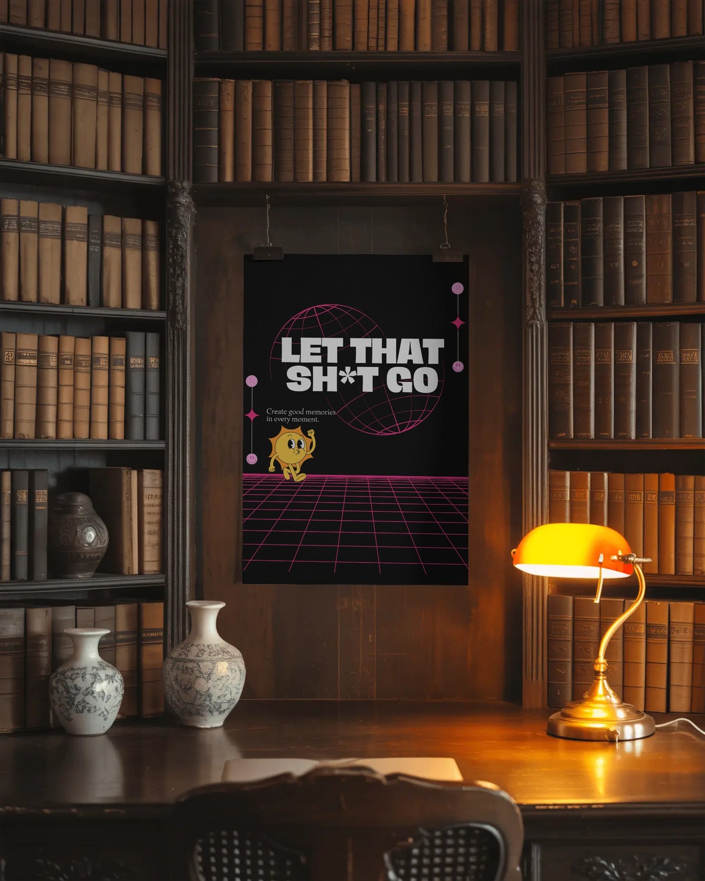 Decorative poster with text and a character in a room with bookshelves and a lamp.