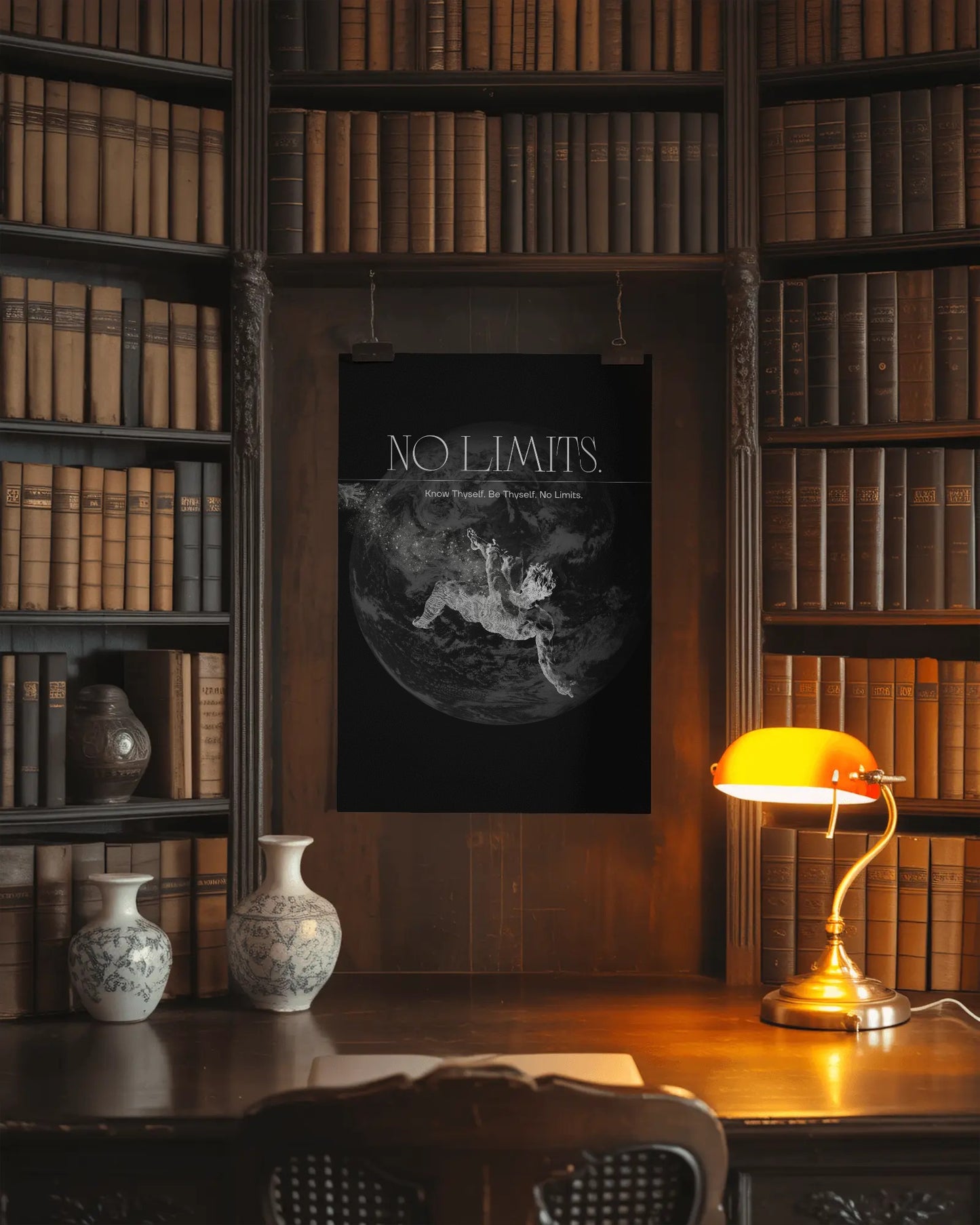 Library setting with bookshelves, a framed poster, and a lamp.