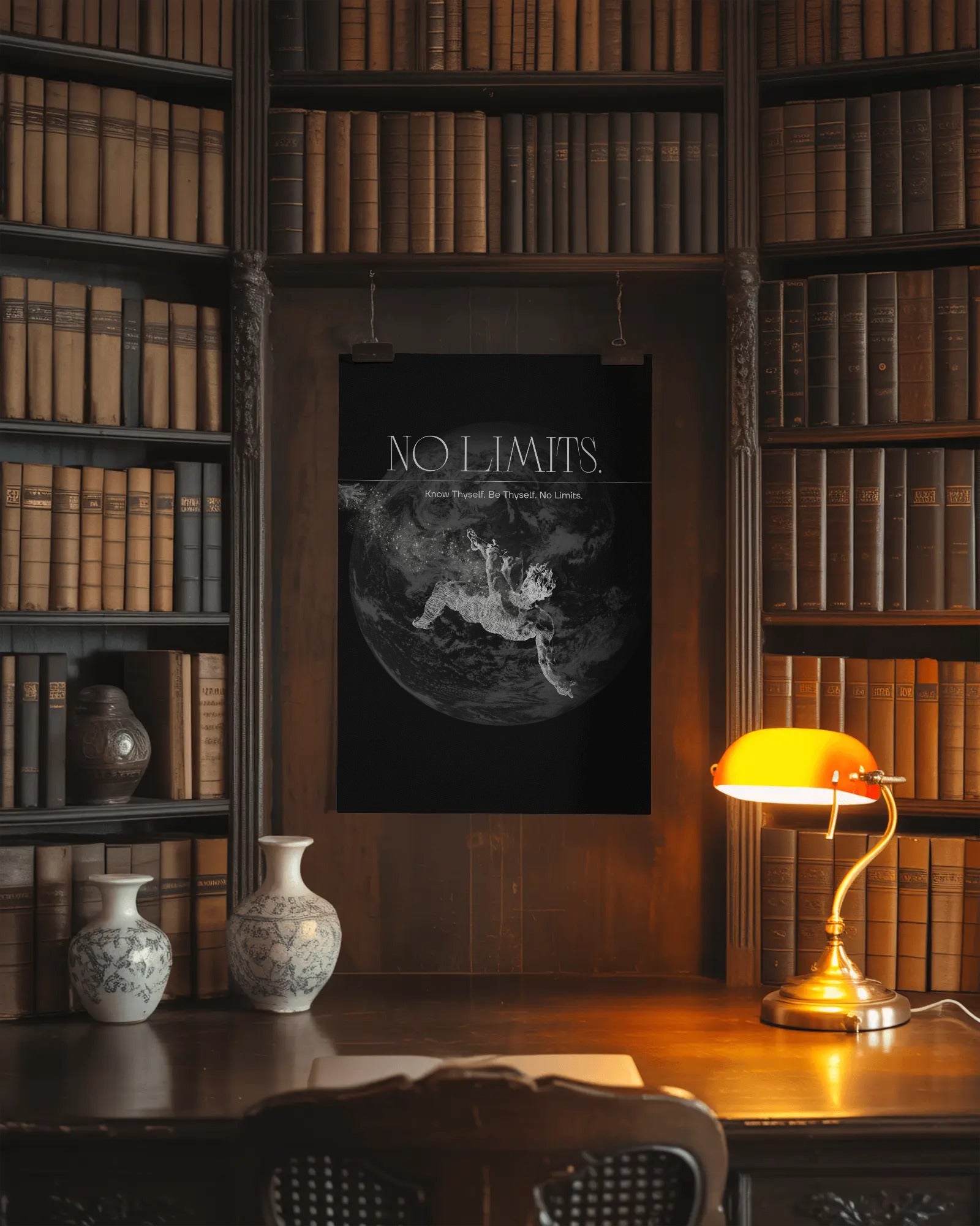 Library setting with bookshelves, a framed poster, and a lamp.
