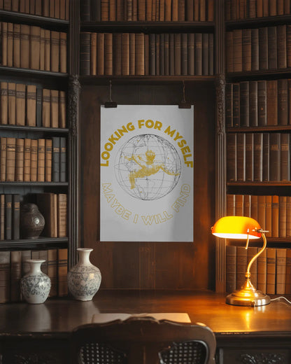 Poster with text and globe design on a bookshelf background