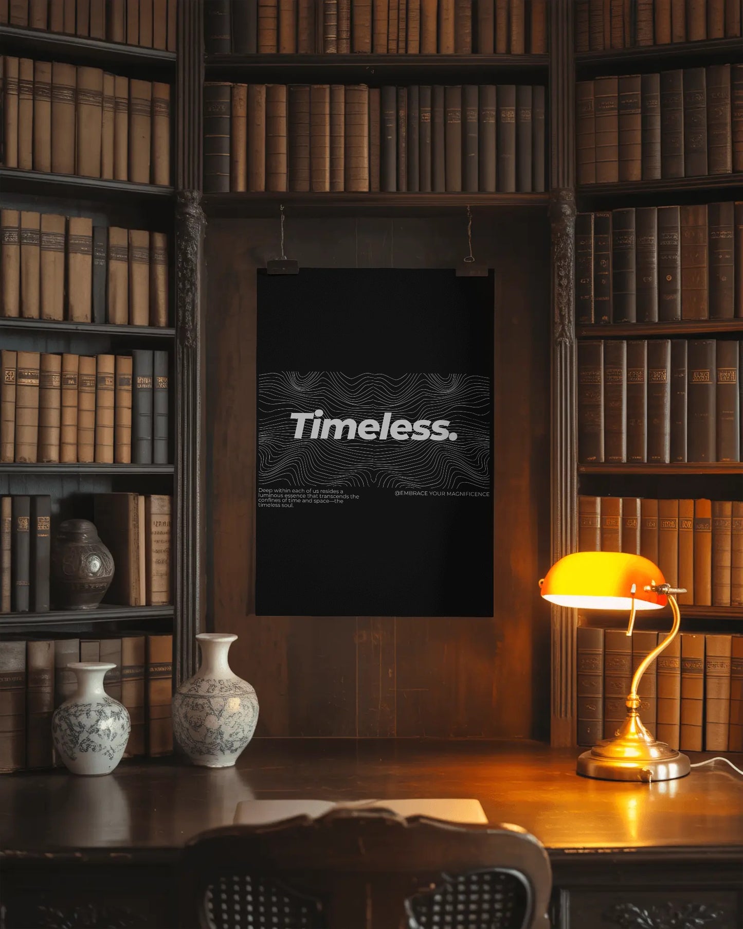 Library setting with a 'Timeless' poster on a wall, illuminated by a lamp.