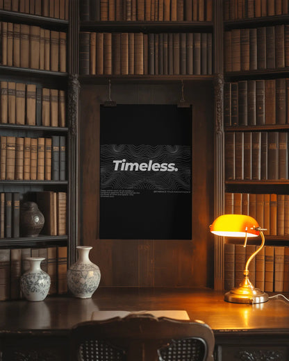 Library setting with a 'Timeless' poster on a wall, illuminated by a lamp.