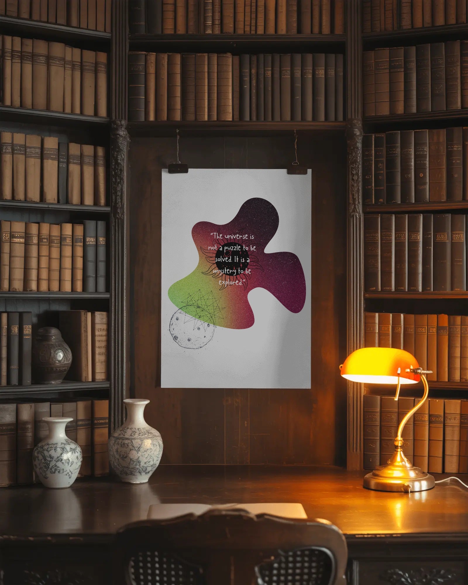 Colorful abstract design on a white background in a library setting with books and a lamp.