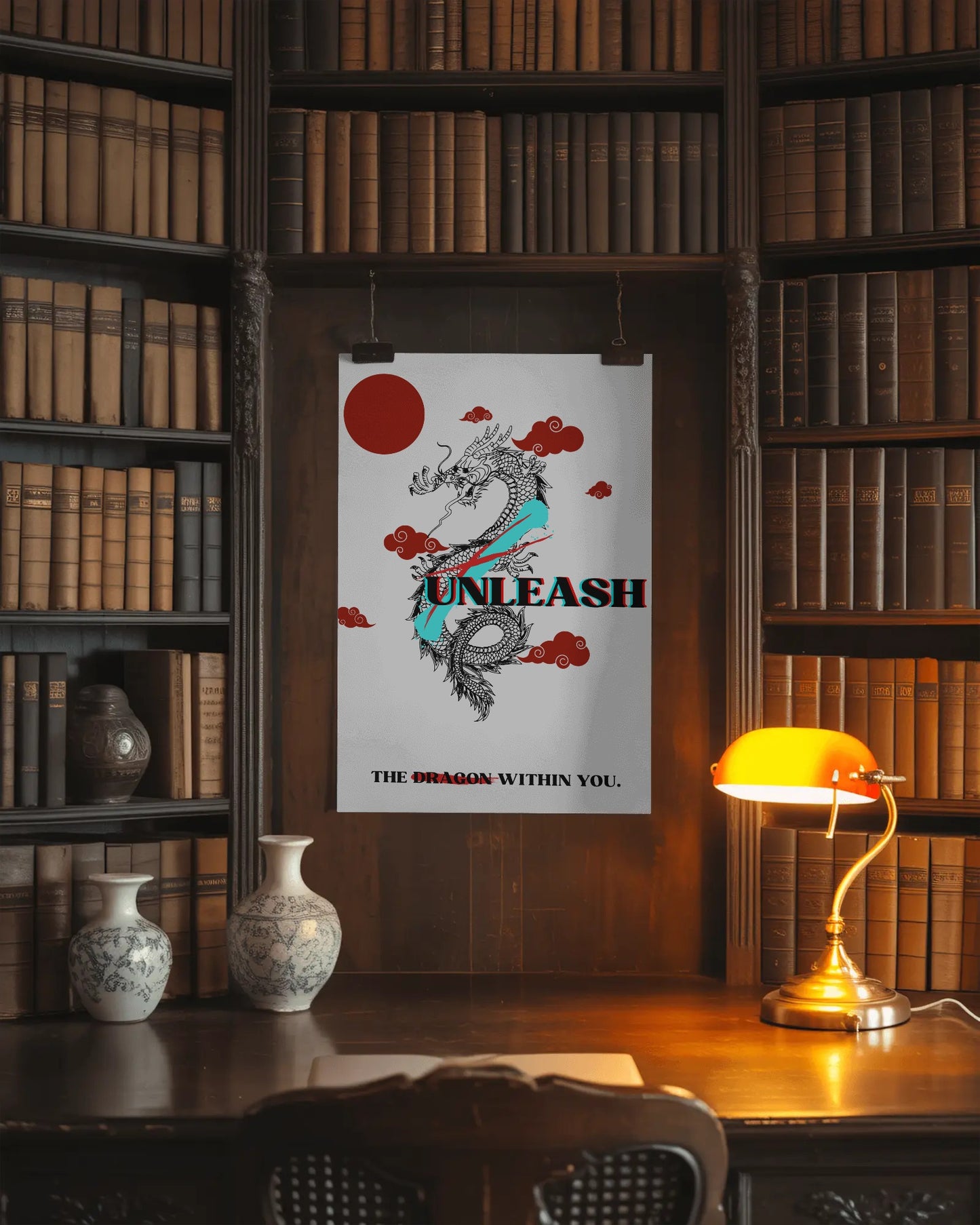 Poster with dragon design on a wooden desk in a library setting