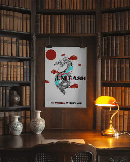 Poster with dragon design on a wooden desk in a library setting