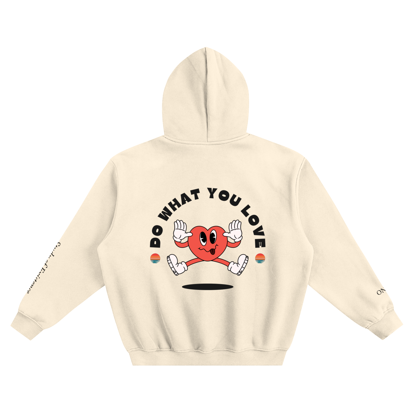 Beige hoodie with a red heart character and text on the back against a white background. Stylist streetwear hoodie, comfy formal hoodie, fashion hoodie, graphic hoodie, no front pocket hoodie, large hooded hoodie, large hood hoodie, oversized hoodie