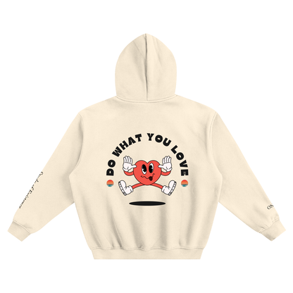 Beige hoodie with a red heart character and text on the back against a white background. Stylist streetwear hoodie, comfy formal hoodie, fashion hoodie, graphic hoodie, no front pocket hoodie, large hooded hoodie, large hood hoodie, oversized hoodie