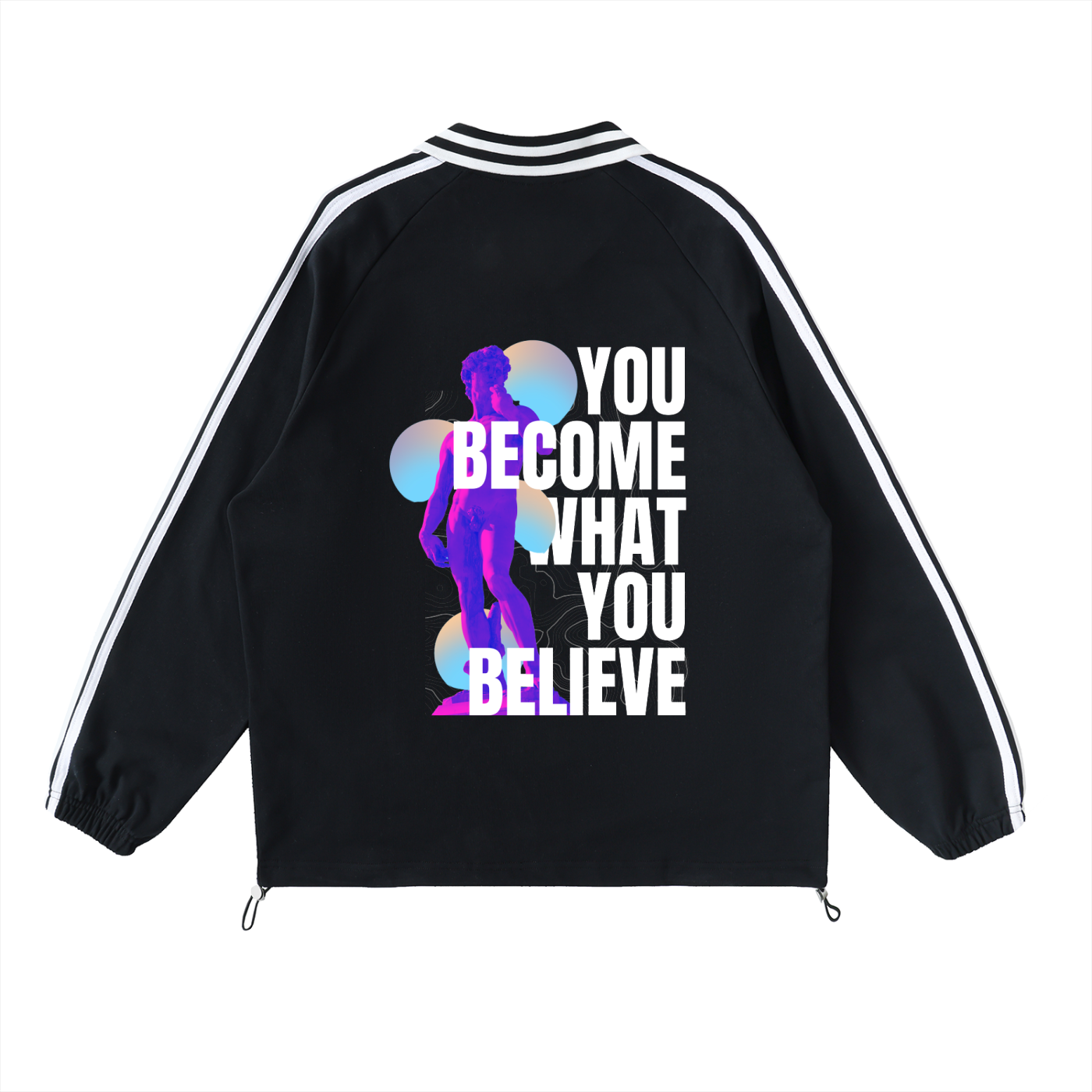 Black jacket with motivational quote and silhouette design on a white background. Stylist streetwear collar Sweatshirt, comfy formal collar Sweatshirt, fashion collar Sweatshirt, graphic collar Sweatshirt