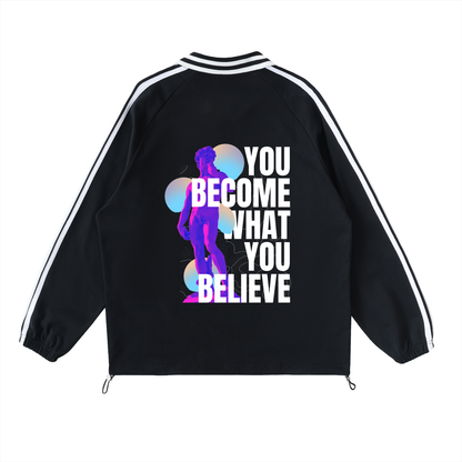 Black jacket with motivational quote and silhouette design on a white background. Stylist streetwear collar Sweatshirt, comfy formal collar Sweatshirt, fashion collar Sweatshirt, graphic collar Sweatshirt