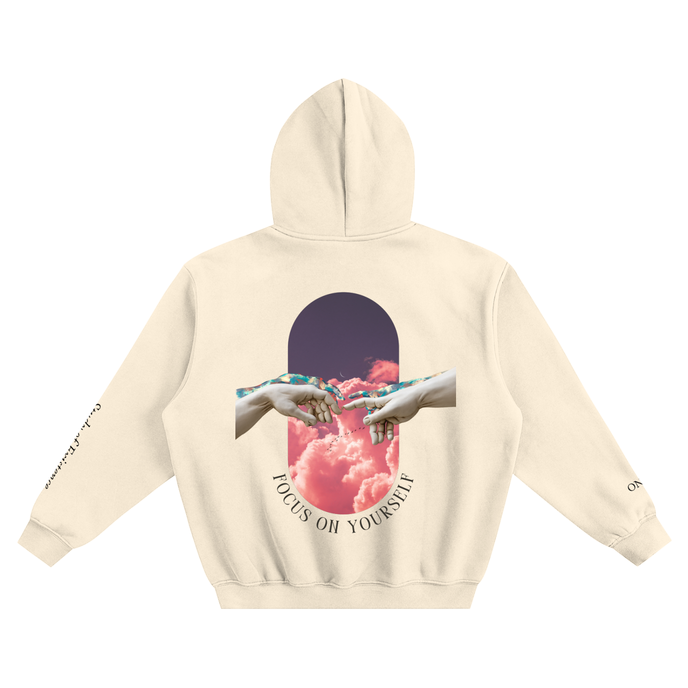 Beige hoodie with a graphic of hands reaching towards each other and the text 'Focus on Yourself' on a white background.
