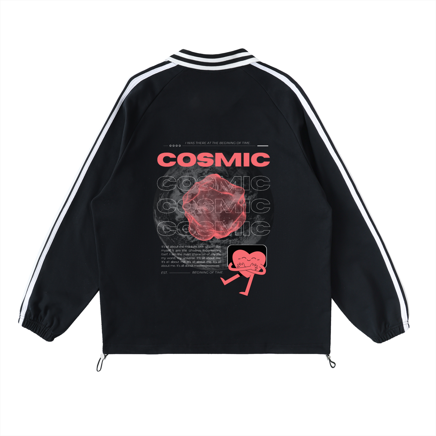 Black jacket with 'Cosmic' graphic design on a white background Stylist streetwear collar Sweatshirt, comfy formal collar Sweatshirt, fashion collar Sweatshirt, graphic collar Sweatshirt
