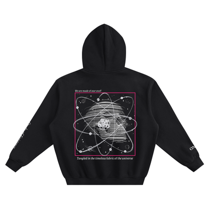 Black hoodie with a cosmic design on the back against a white background. Stylist streetwear hoodie, comfy formal hoodie, fashion hoodie, graphic hoodie, no front pocket hoodie, large hooded hoodie, large hood hoodie, oversized hoodie