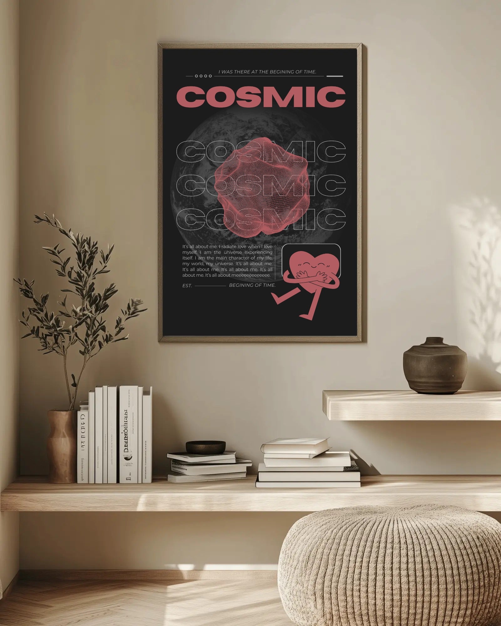 Framed 'Cosmic' poster on a wall above a wooden shelf with books and decor.