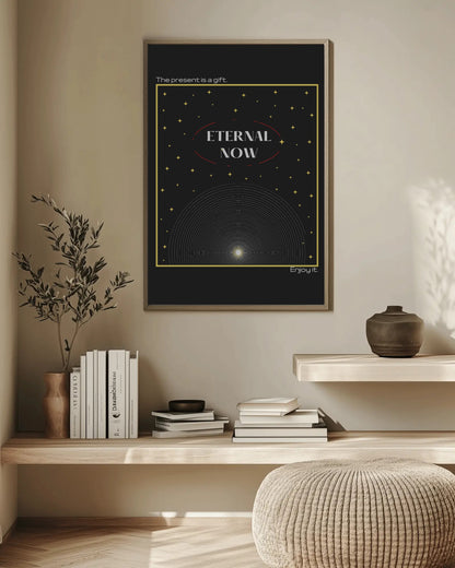 Framed artwork titled 'Eternal Now' on a wall above a wooden shelf with books and decor.