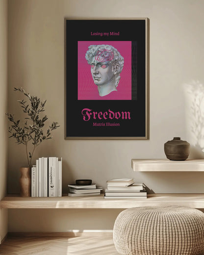 Framed artwork with a classical statue on a wall above a shelf with books and decor.