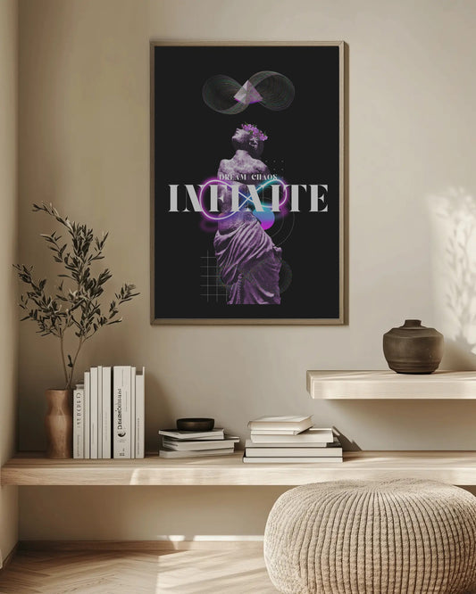 Framed abstract art print on a wall above a wooden shelf with books and decor.