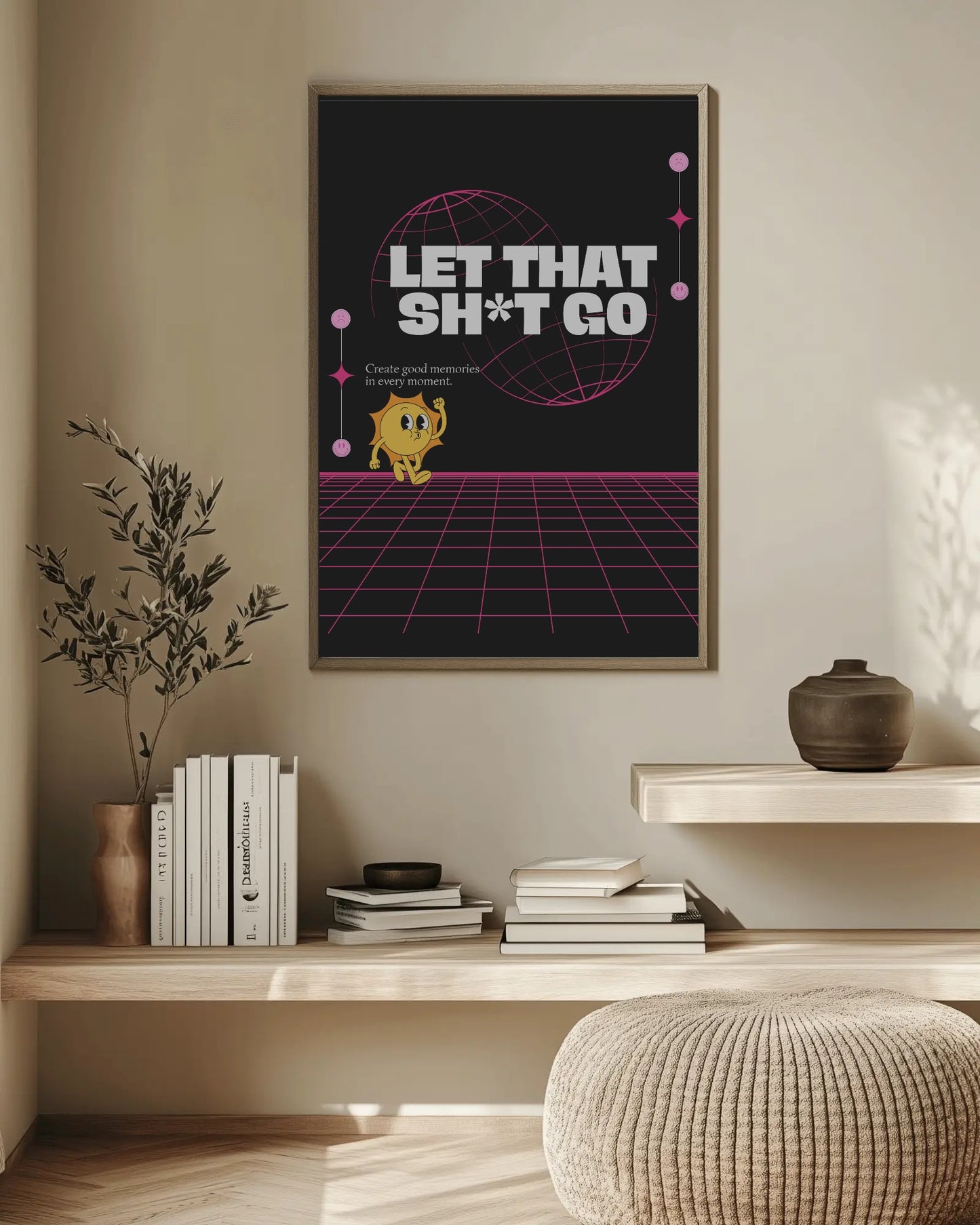 Framed poster with text and character on a wall above a desk.