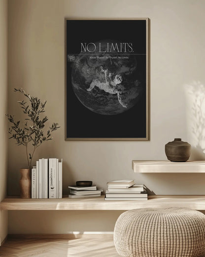 Framed poster with 'No Limits' text on a wall above a wooden shelf with books and decor.