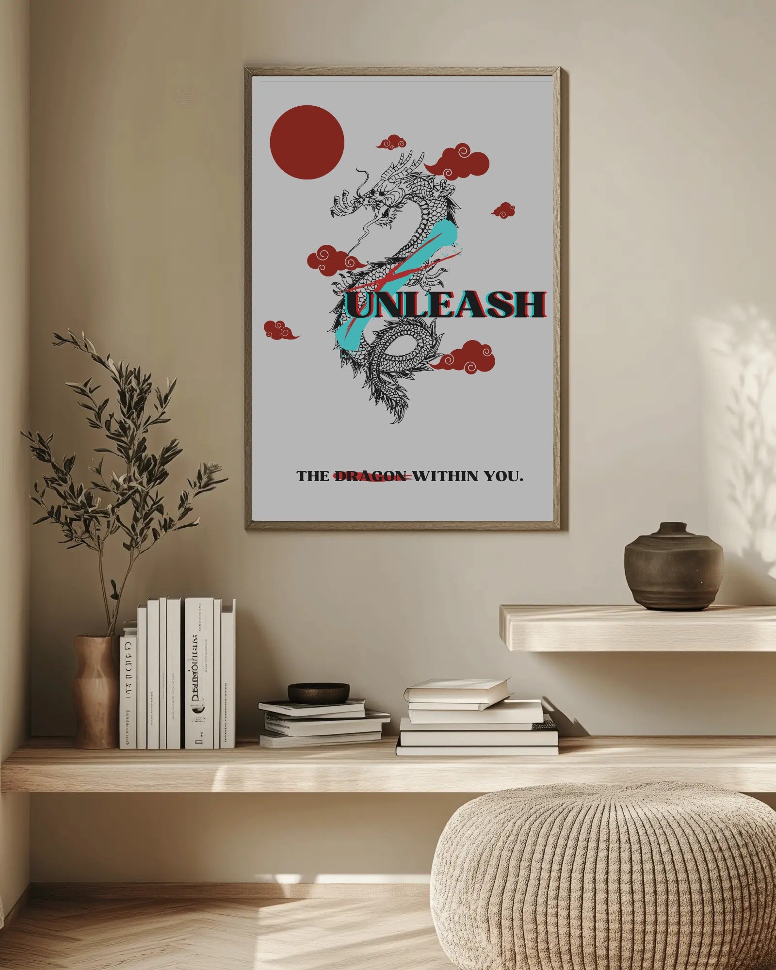 Framed artwork with a dragon design and motivational quote on a wall above a wooden shelf.