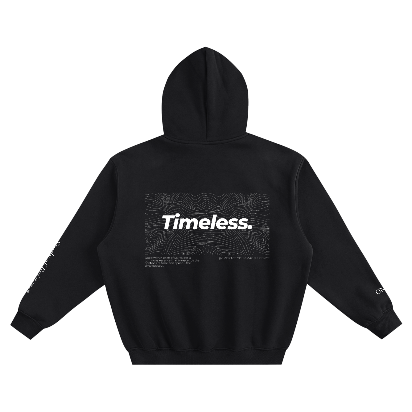 Black hoodie with 'Timeless' text on the back against a white background. Stylist streetwear hoodie, comfy formal hoodie, fashion hoodie, graphic hoodie, no front pocket hoodie, large hooded hoodie, large hood hoodie, oversized hoodie