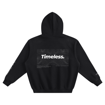 Black hoodie with 'Timeless' text on the back against a white background. Stylist streetwear hoodie, comfy formal hoodie, fashion hoodie, graphic hoodie, no front pocket hoodie, large hooded hoodie, large hood hoodie, oversized hoodie